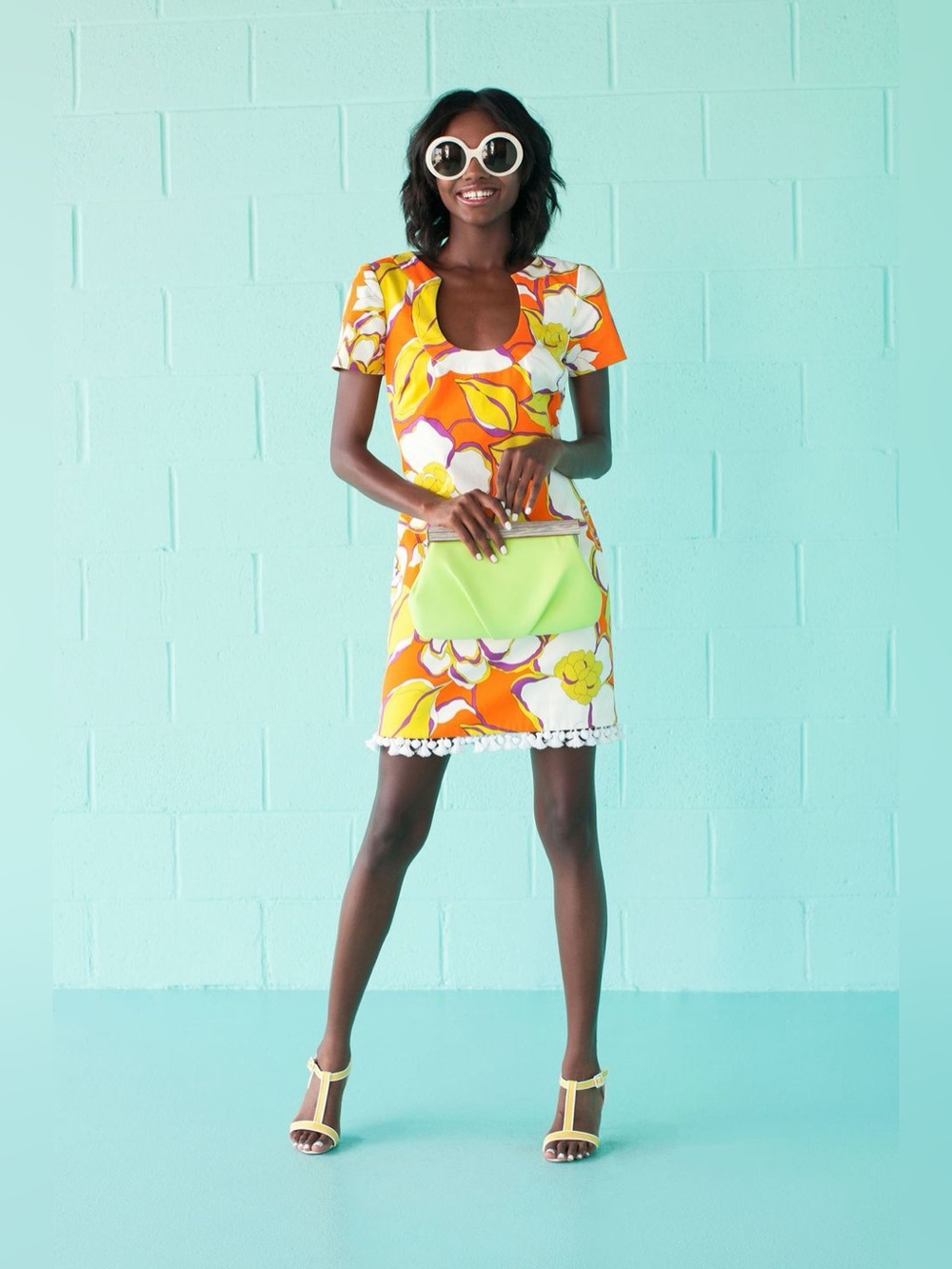Trina Turk Multi Orange Kumquat Musita Floral Sheath Dress Size 8 Mod Retro